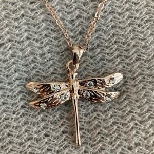 NECKLACE  Rose Gold Toned Dragonfly Necklace with Rhinestones.